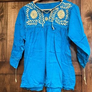 Authentic handmade blouse. Blue with gold stitching. Woman size large.